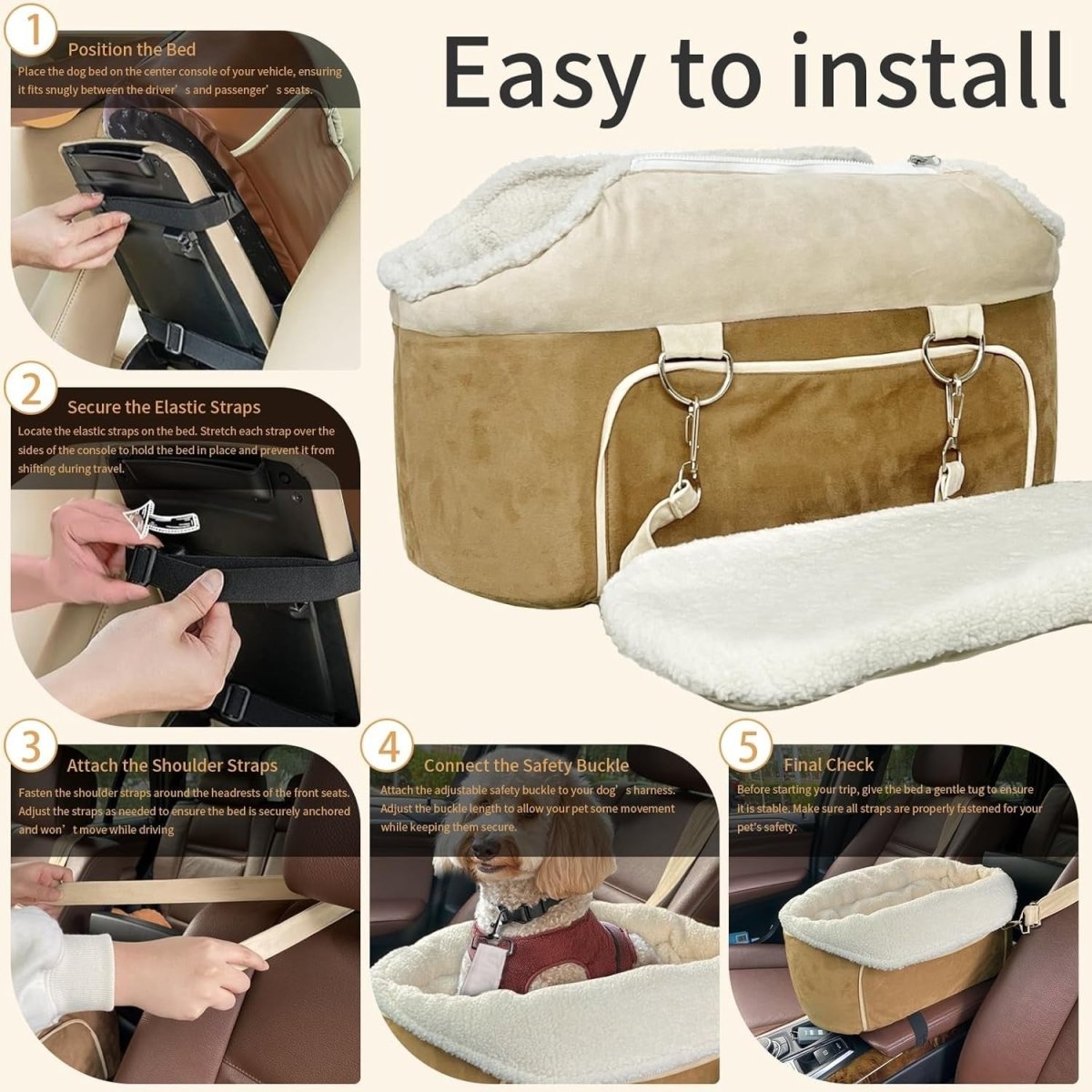 Console Dog Car Seat Small Dog Booster Seat Safety Belt Storage Pocket - Kwikley