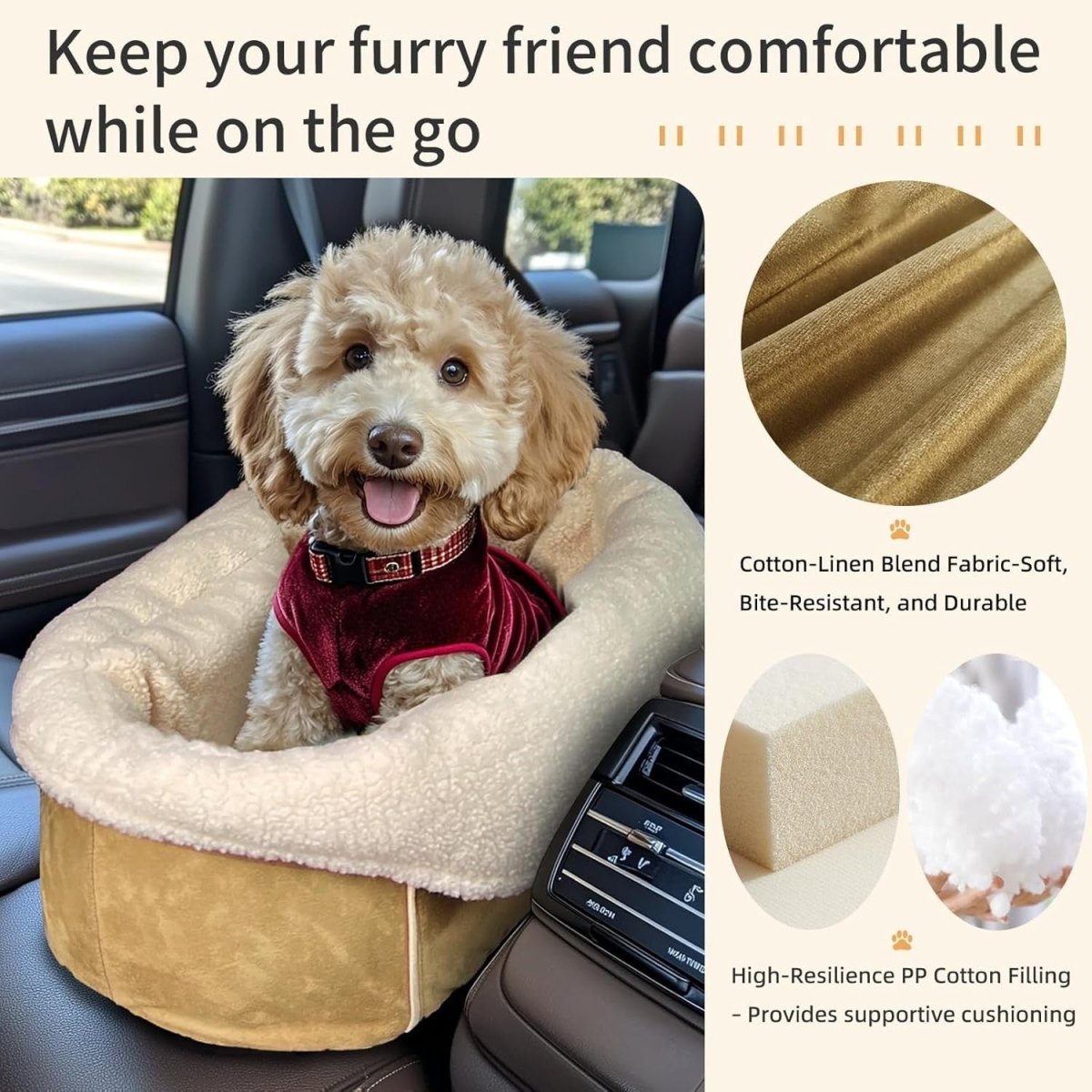 Console Dog Car Seat Small Dog Booster Seat Safety Belt Storage Pocket - Kwikley