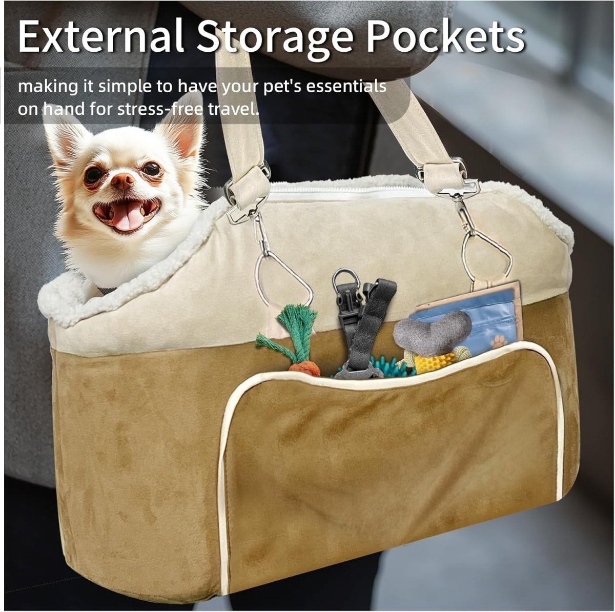Console Dog Car Seat Small Dog Booster Seat Safety Belt Storage Pocket - Kwikley