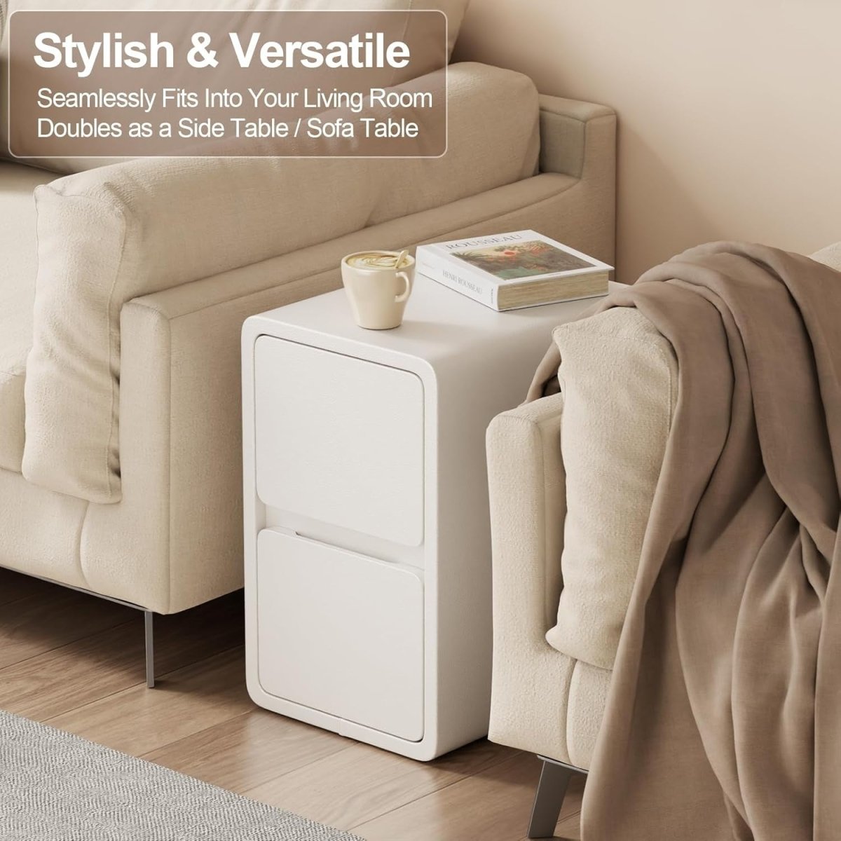 Contemporary White Bedside Table with 2 Drawers, Slim Leather - Finish - Kwikley
