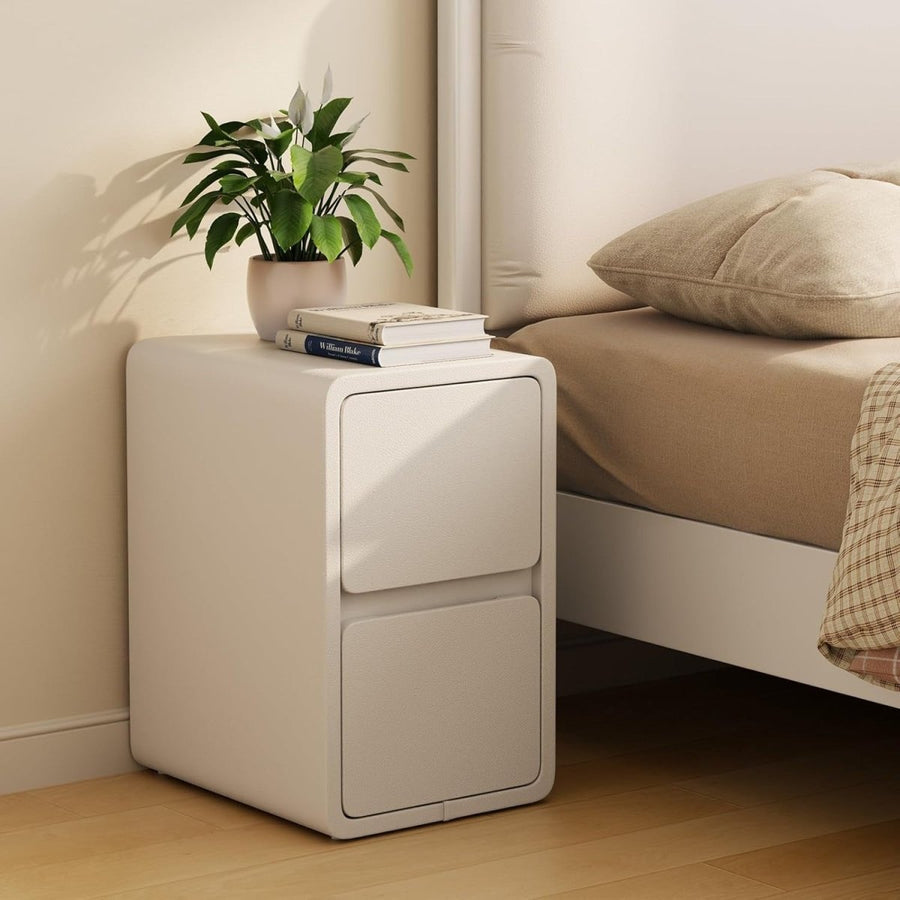 Contemporary White Bedside Table with 2 Drawers, Slim Leather - Finish - Kwikley