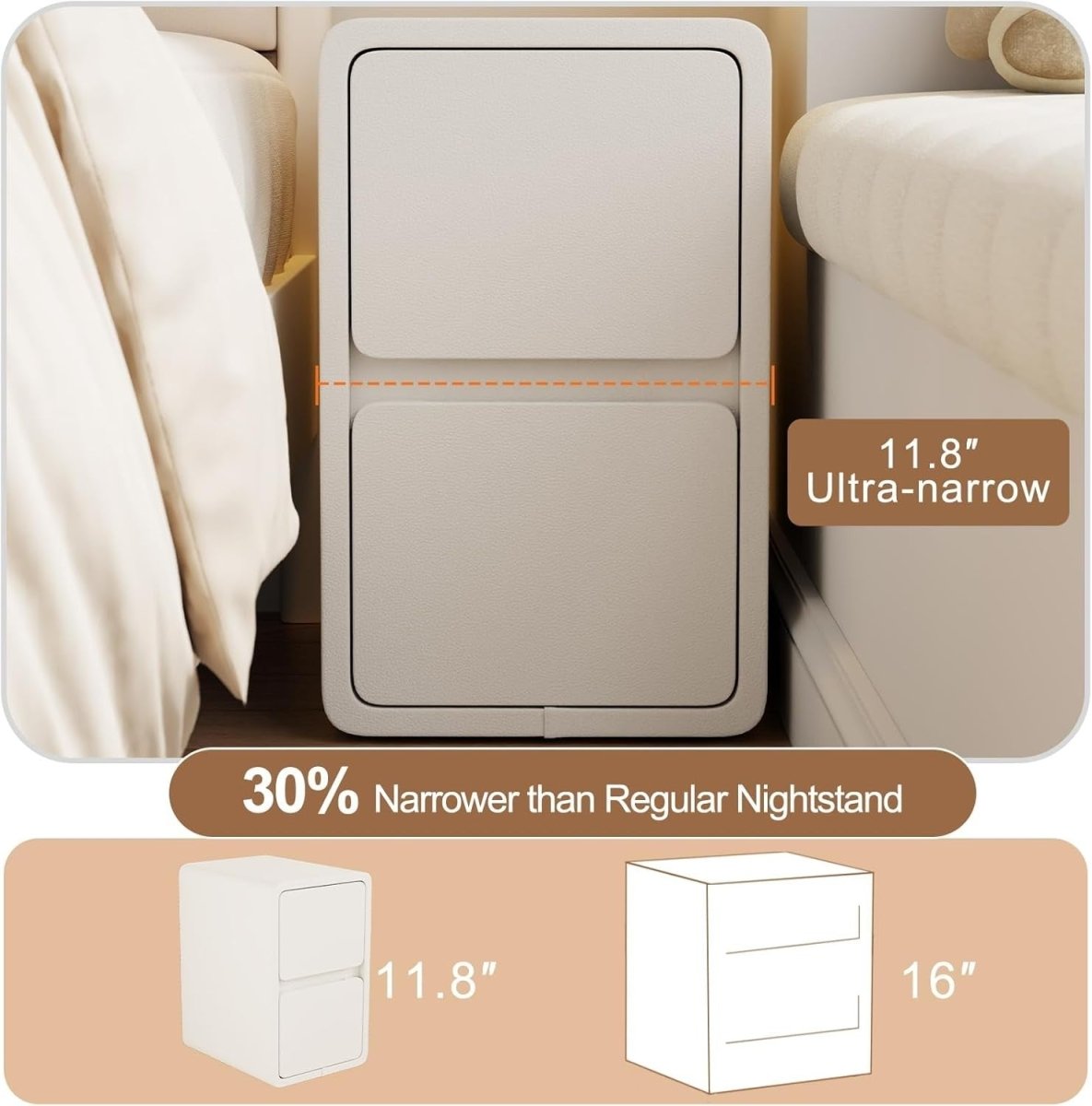 Contemporary White Bedside Table with 2 Drawers, Slim Leather - Finish - Kwikley