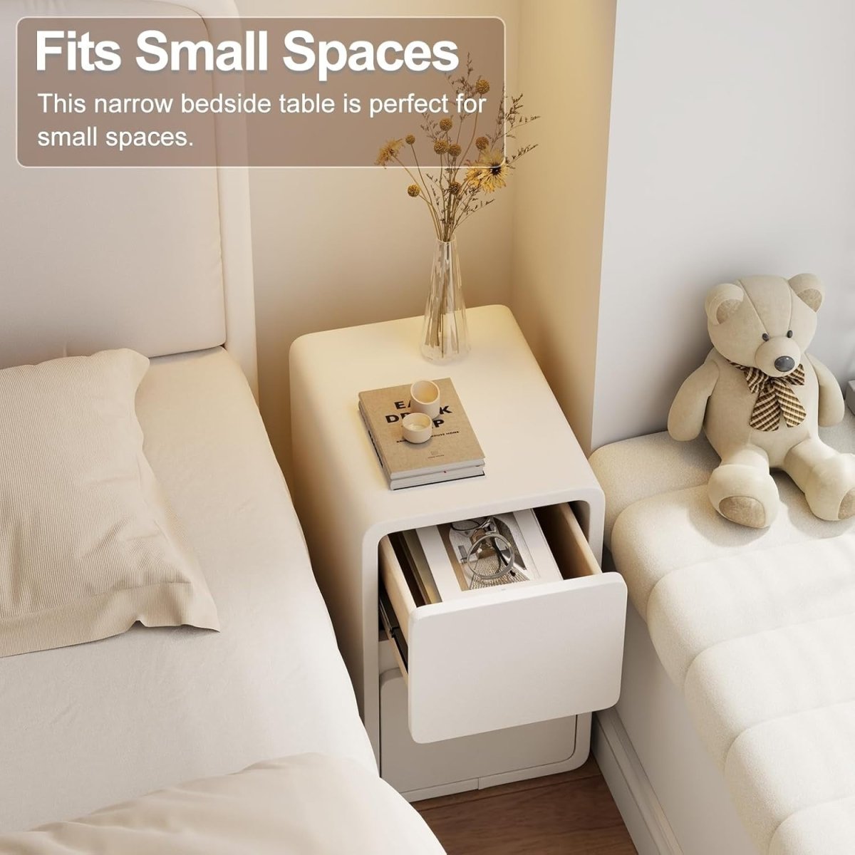 Contemporary White Bedside Table with 2 Drawers, Slim Leather - Finish - Kwikley