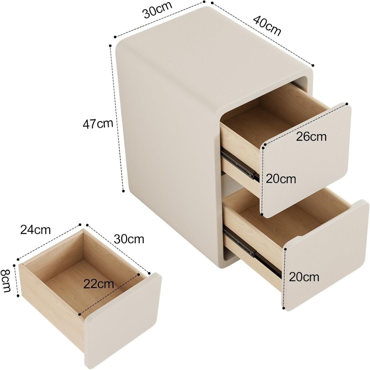 Contemporary White Bedside Table with 2 Drawers, Slim Leather - Finish - Kwikley