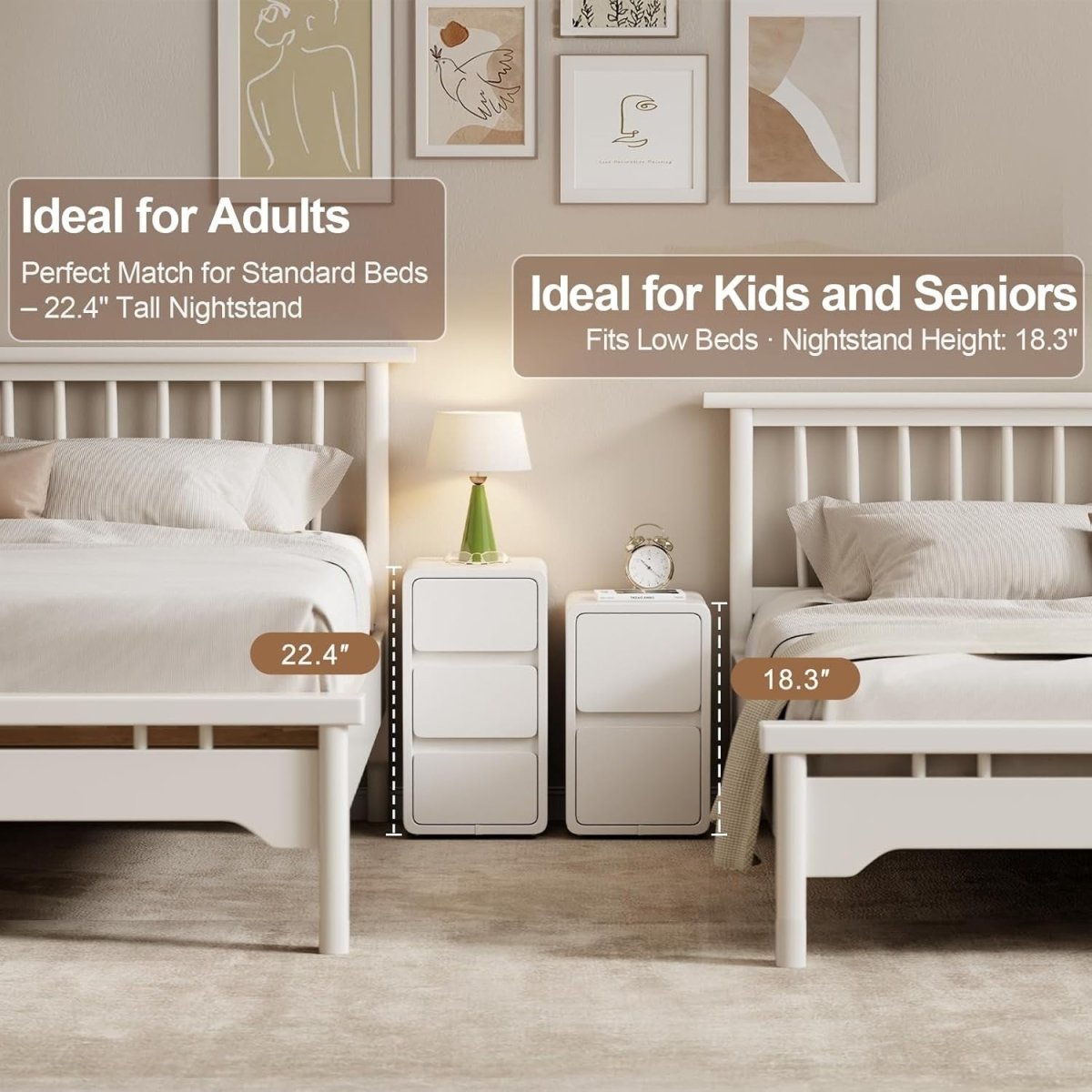 Contemporary White Bedside Table with 2 Drawers, Slim Leather - Finish - Kwikley