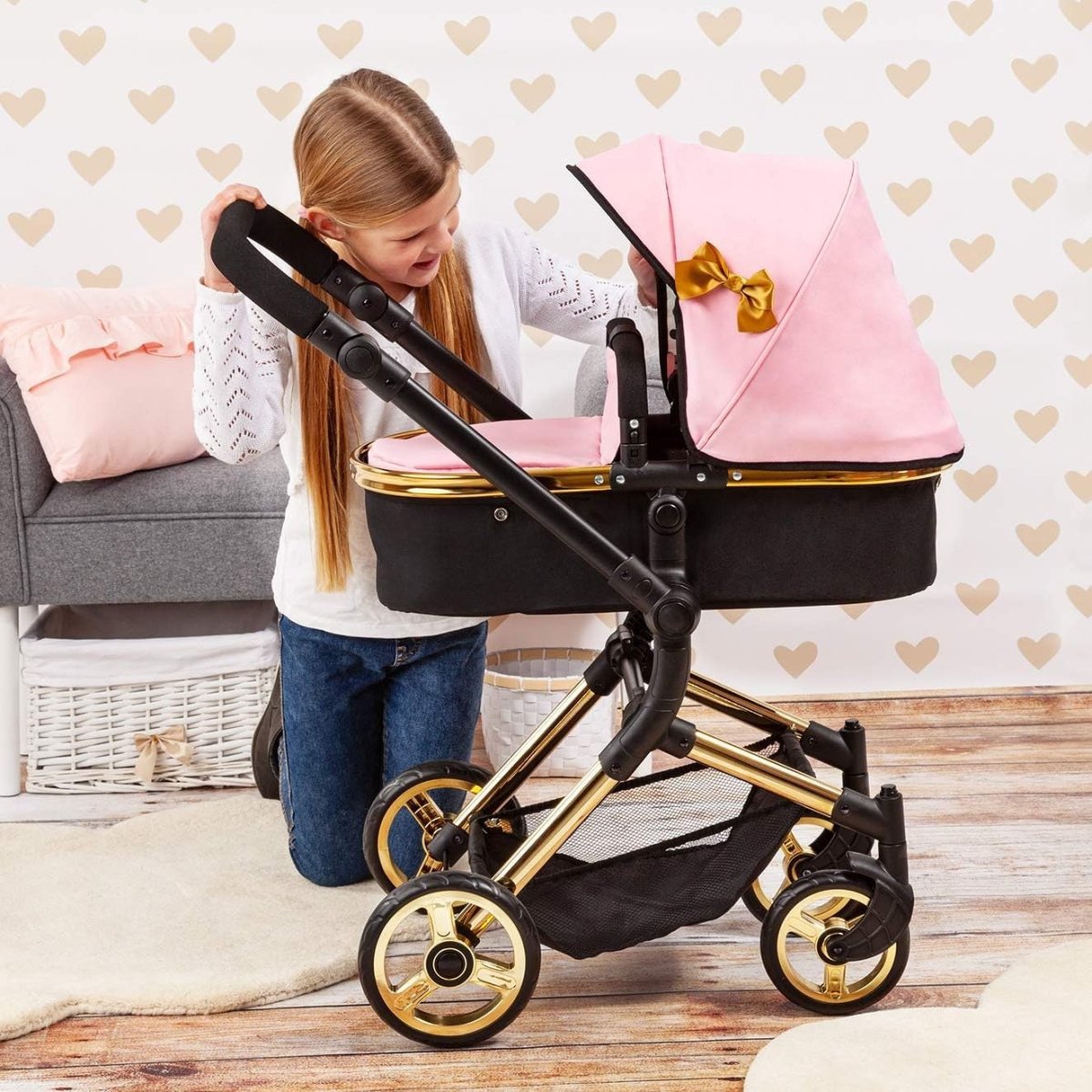 Convertible Doll Pram Pushchair Carrycot Adjustable Handle Folding Stroller - Kwikley