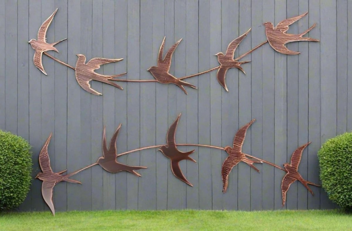 Copper Flying Birds Metal Wall Art Garden Fence Decor Set of 10 - Kwikley
