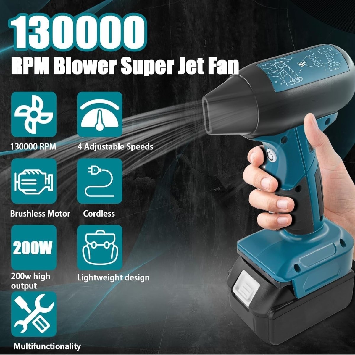Cordless Leaf Blower 130000RPM Handheld Air Duster 4 Speed Portable Cleaner - Kwikley