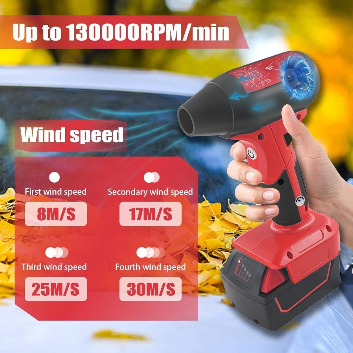 Cordless Leaf Blower 130000RPM Handheld Duster 4 Speed Portable - Kwikley