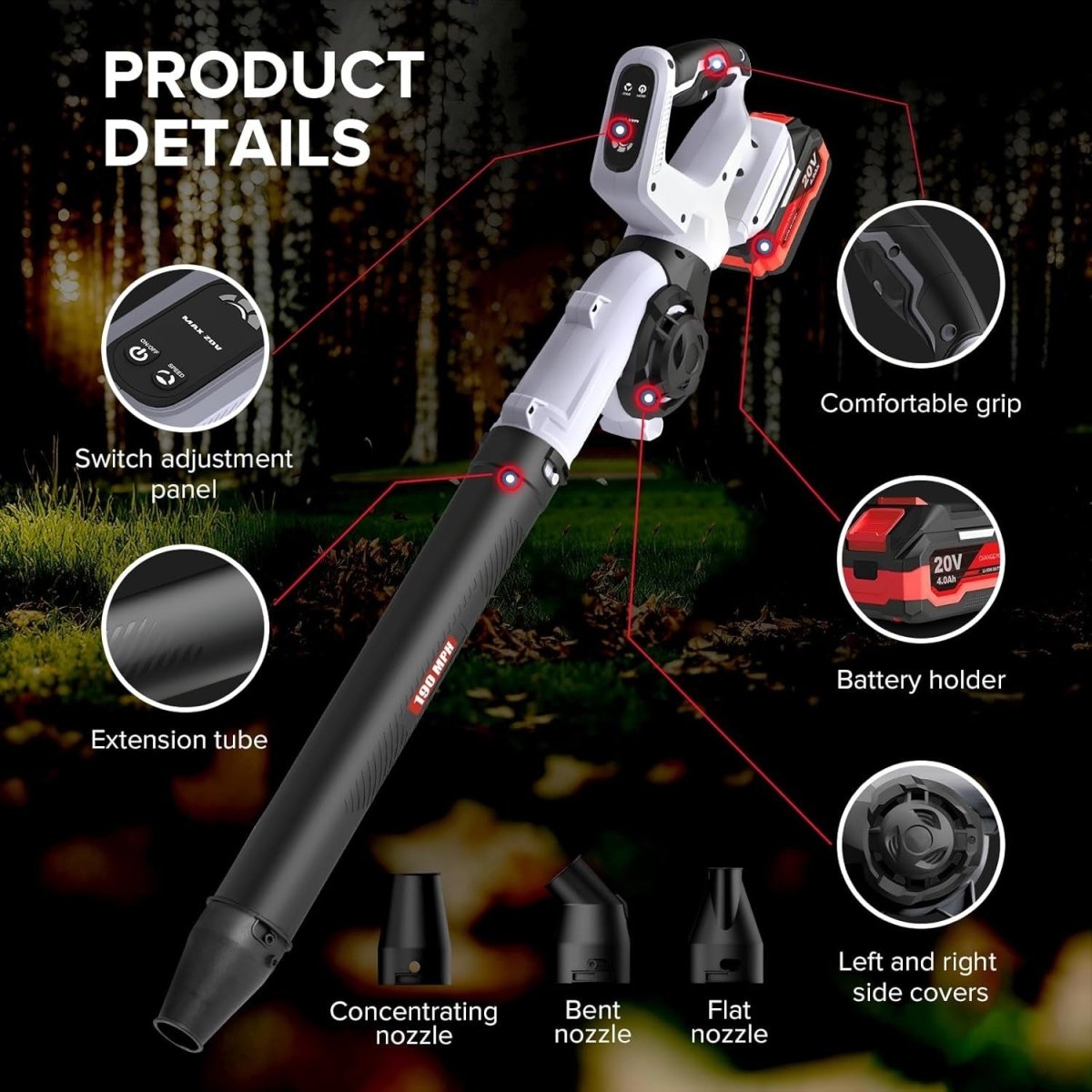 Cordless Leaf Blower 160MPH 3 - Speed 21V 2 Batteries Nozzles Garden - Kwikley