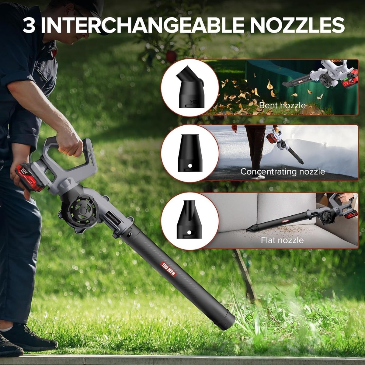 Cordless Leaf Blower 160MPH 3 - Speed 21V 2 Batteries Nozzles Garden - Kwikley