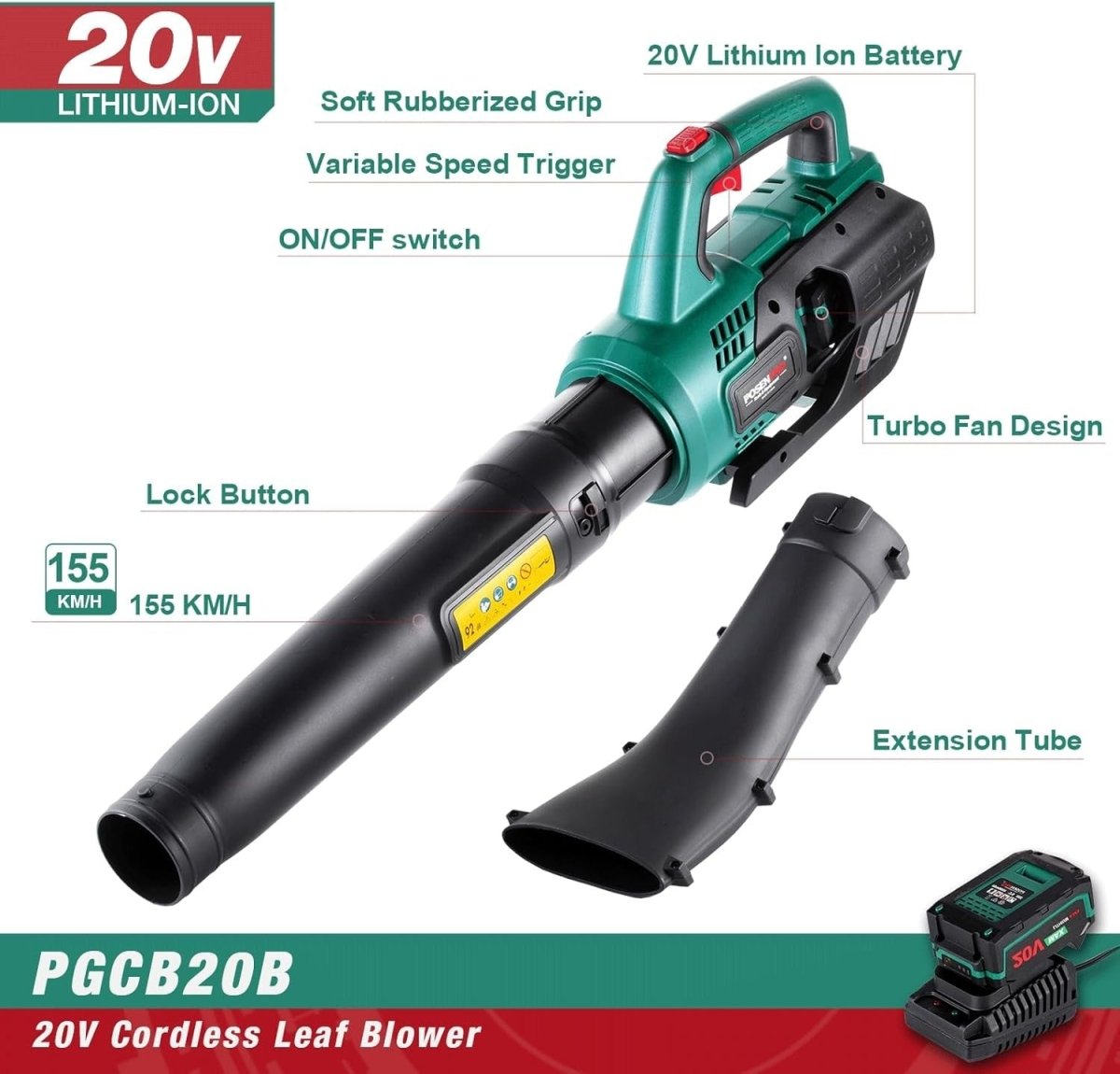 Cordless Leaf Blower 20V 4.0Ah Garden Cleaner 2 Speed High Power - Kwikley