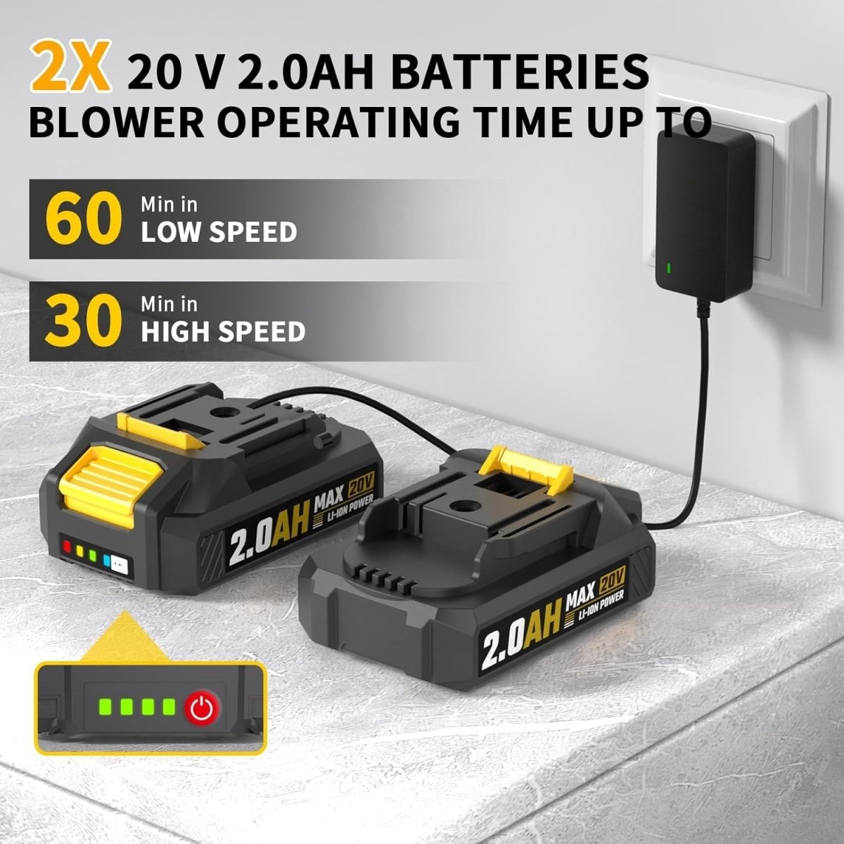 Cordless Leaf Blower 20V Dual Batteries 218CFM 3 Speed Lightweight Handheld - Kwikley