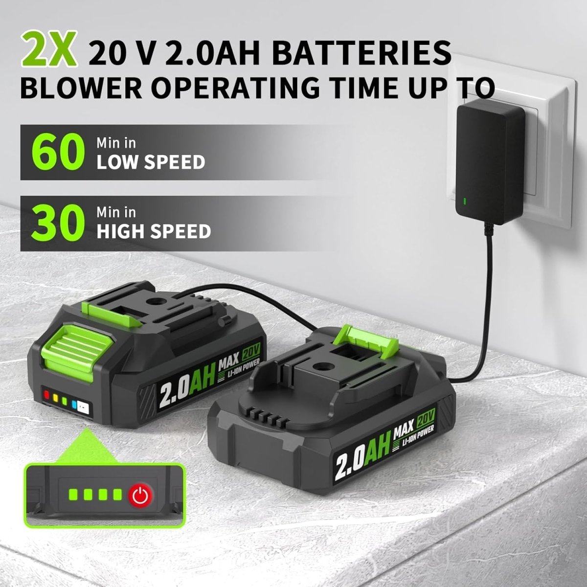 Cordless Leaf Blower 20V Dual Batteries 3 Speed Lightweight Handheld - Kwikley