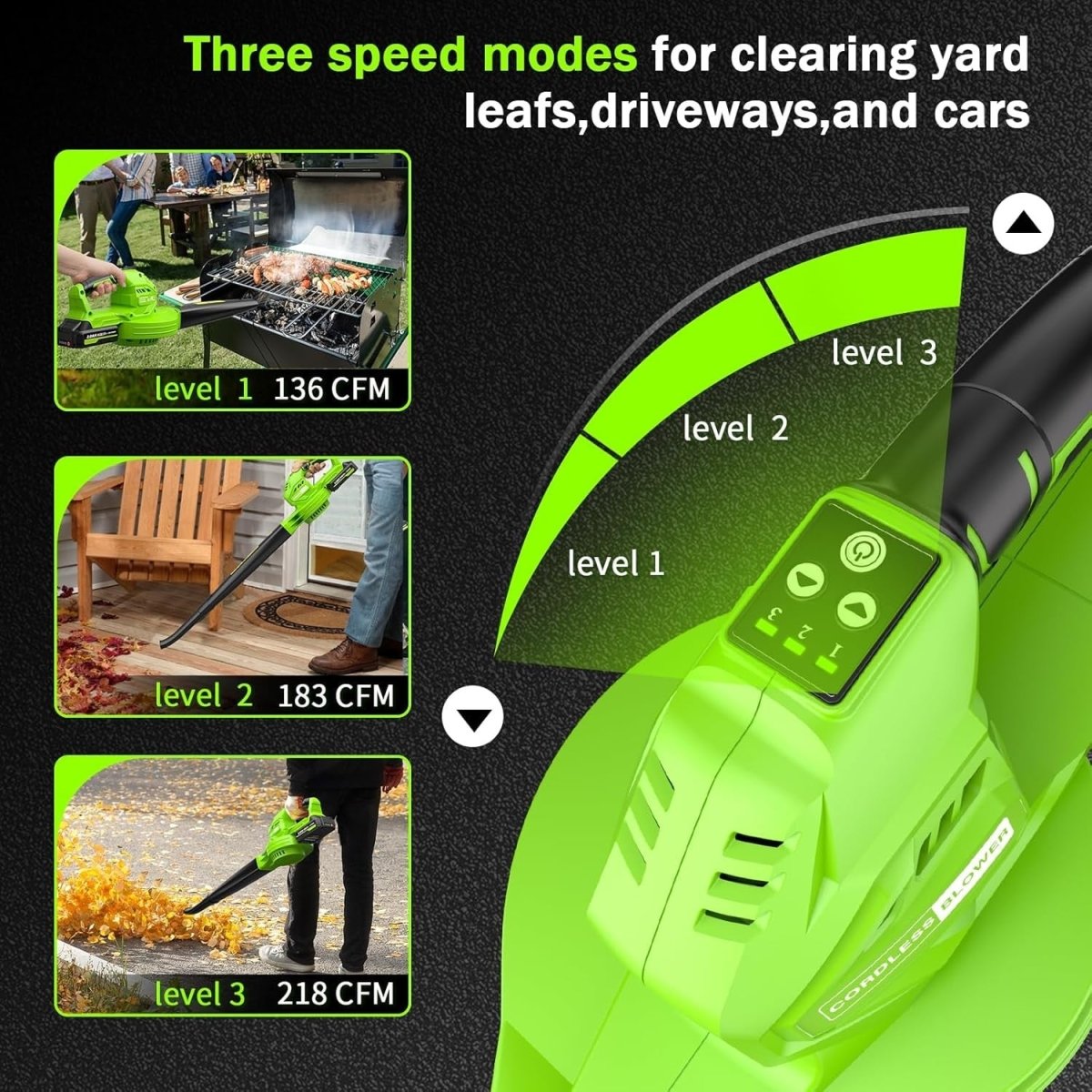Cordless Leaf Blower 20V Dual Batteries 3 Speed Lightweight Handheld - Kwikley