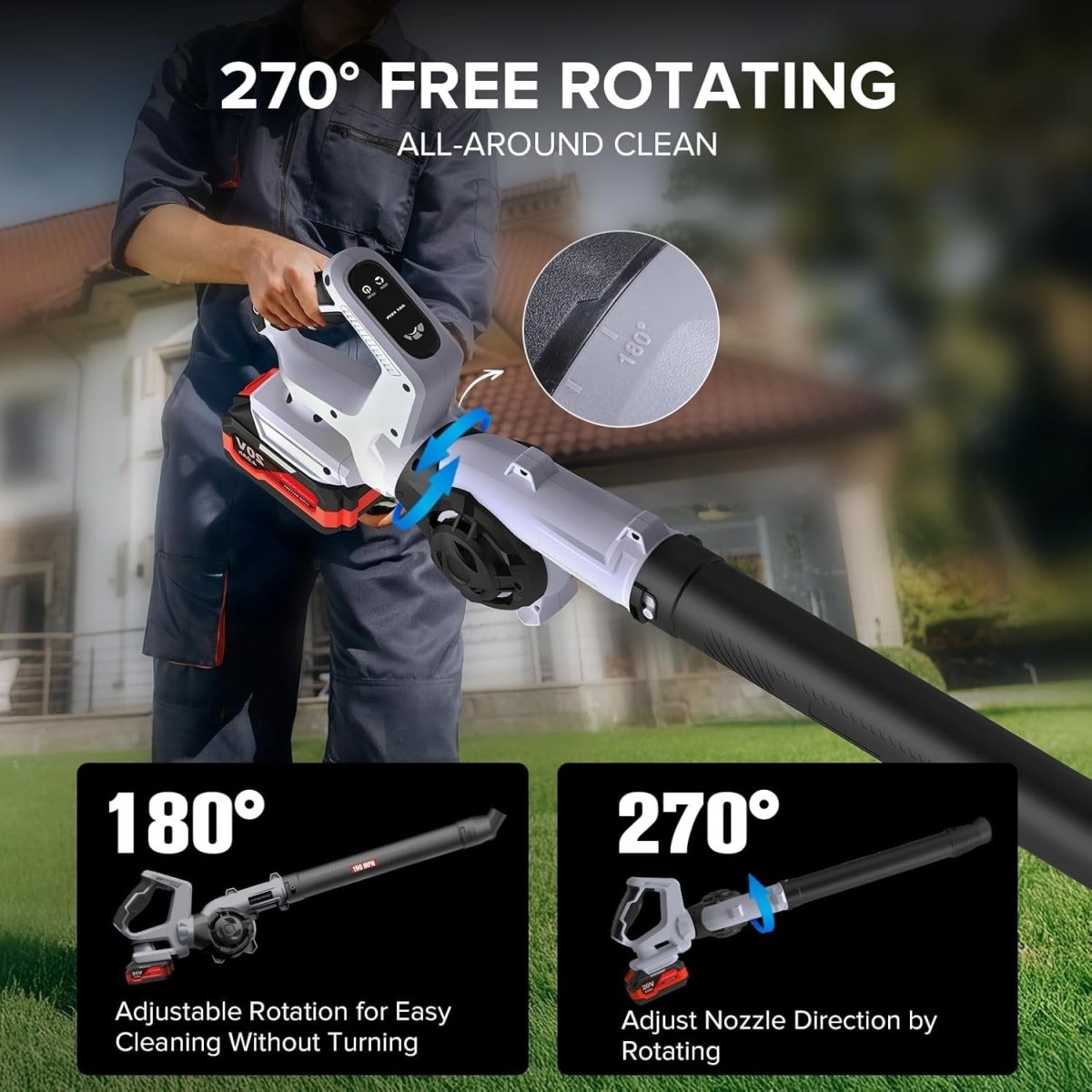 Cordless Leaf Blower 20V Dual Battery 160MPH 3 Speed Rotatable Garden - Kwikley