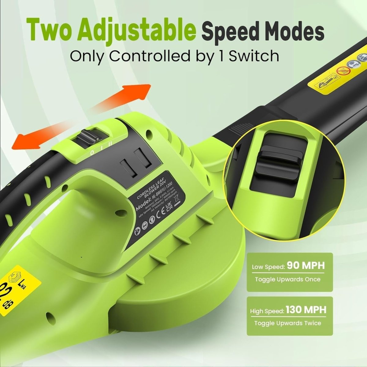 Cordless Leaf Blower 20V Lightweight Electric Garden Cleaner 2 Speed Kit - Kwikley