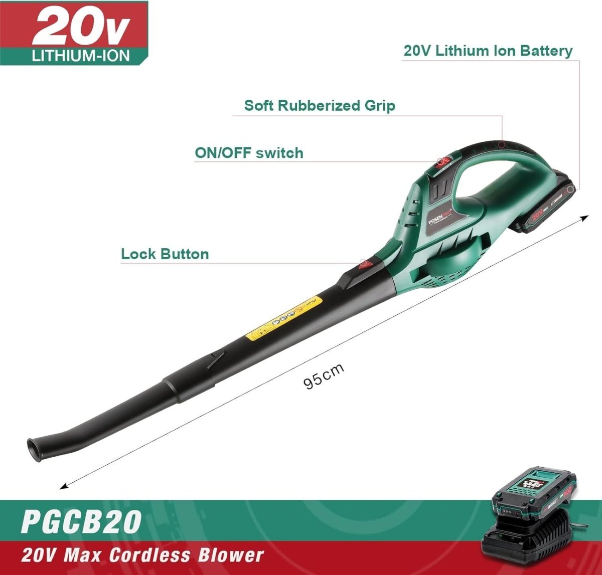 Cordless Leaf Blower 20V Lightweight Garden Cleaner 2 Speed with Battery - Kwikley