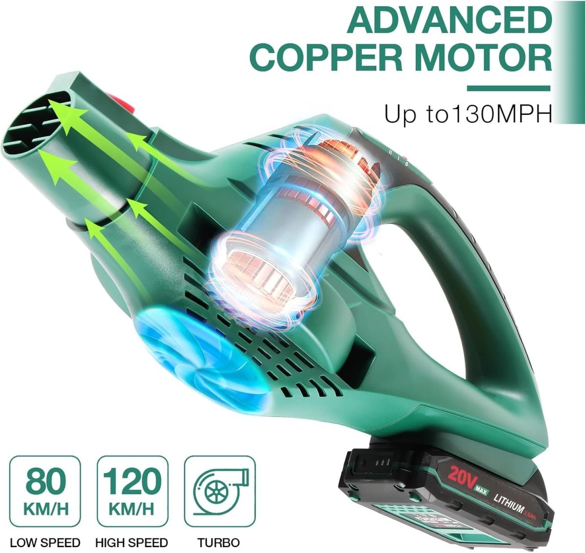 Cordless Leaf Blower 20V Lightweight Garden Cleaner 2 Speed with Battery - Kwikley