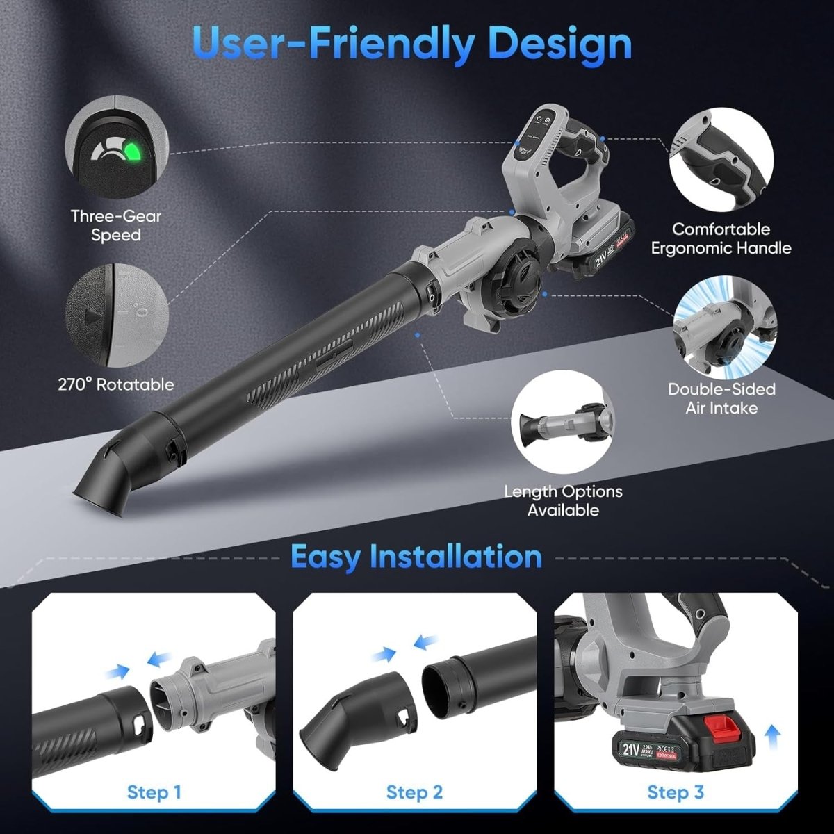 Cordless Leaf Blower 210km/h 3 - Speed 2 Batteries Garden Lawn Cleaner - Kwikley