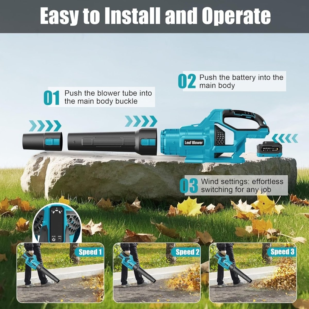 Cordless Leaf Blower 21V 4000mAh Battery 3 Speed Garden Lawn Cleaner - Kwikley
