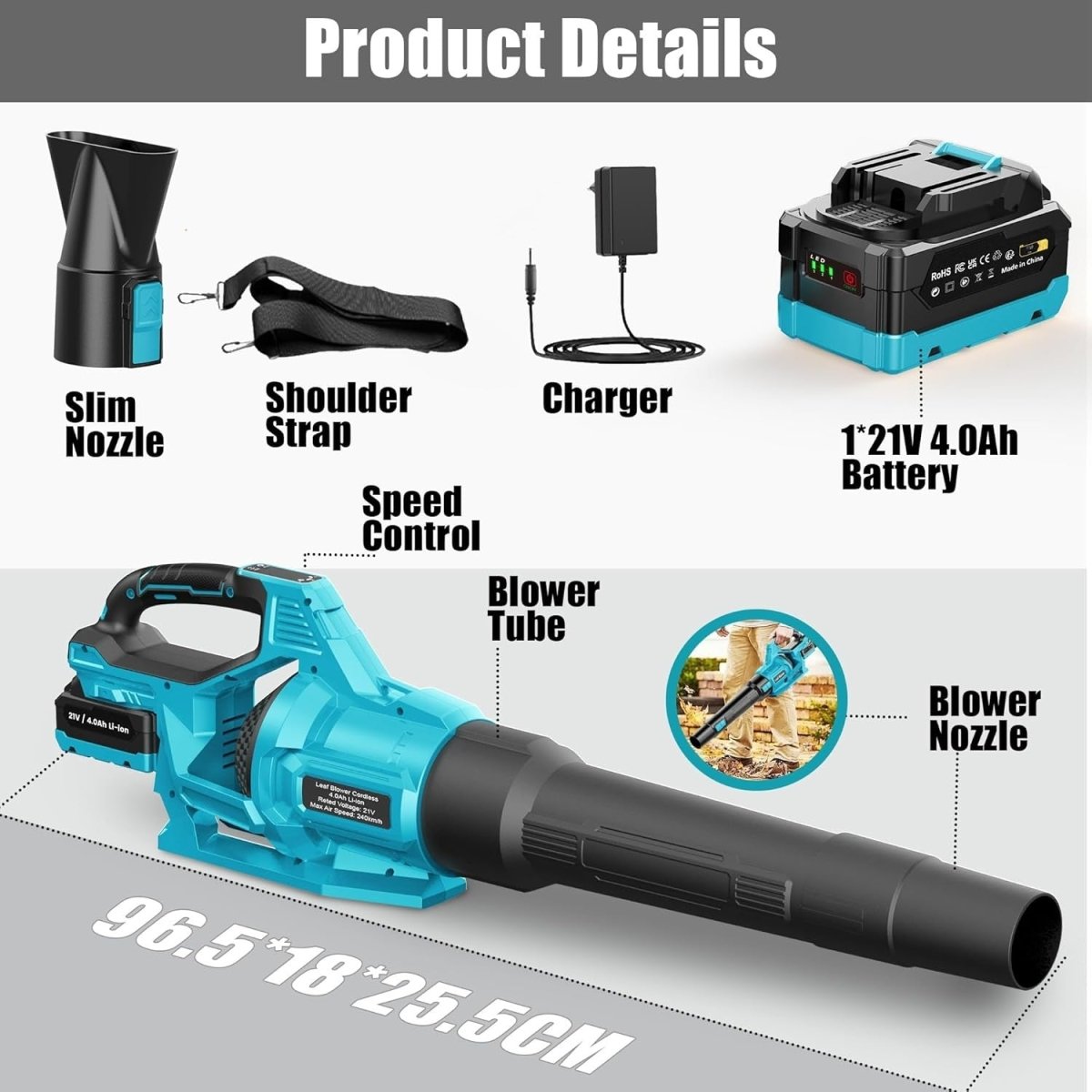 Cordless Leaf Blower 21V 4000mAh Battery 3 Speed Garden Lawn Cleaner - Kwikley