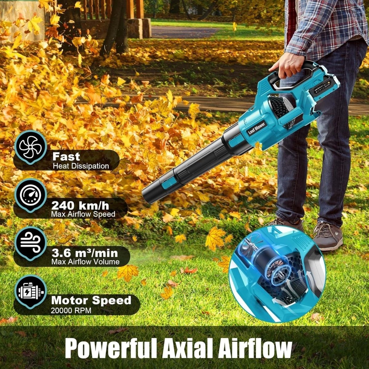 Cordless Leaf Blower 21V 4000mAh Battery 3 Speed Garden Lawn Cleaner - Kwikley