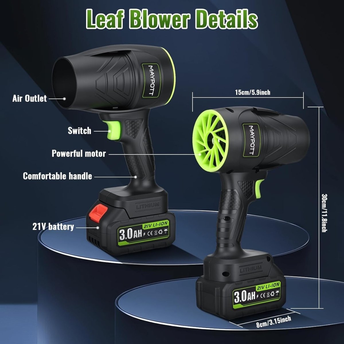 Cordless Leaf Blower 21V Handheld Garden Air Cleaner 2 Batteries - Kwikley