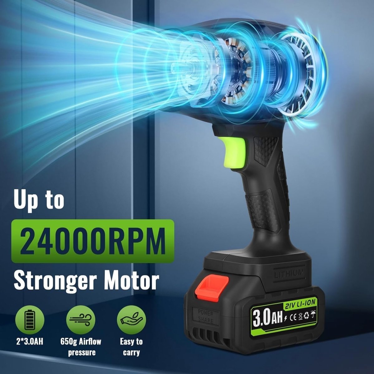 Cordless Leaf Blower 21V Handheld Garden Air Cleaner 2 Batteries - Kwikley