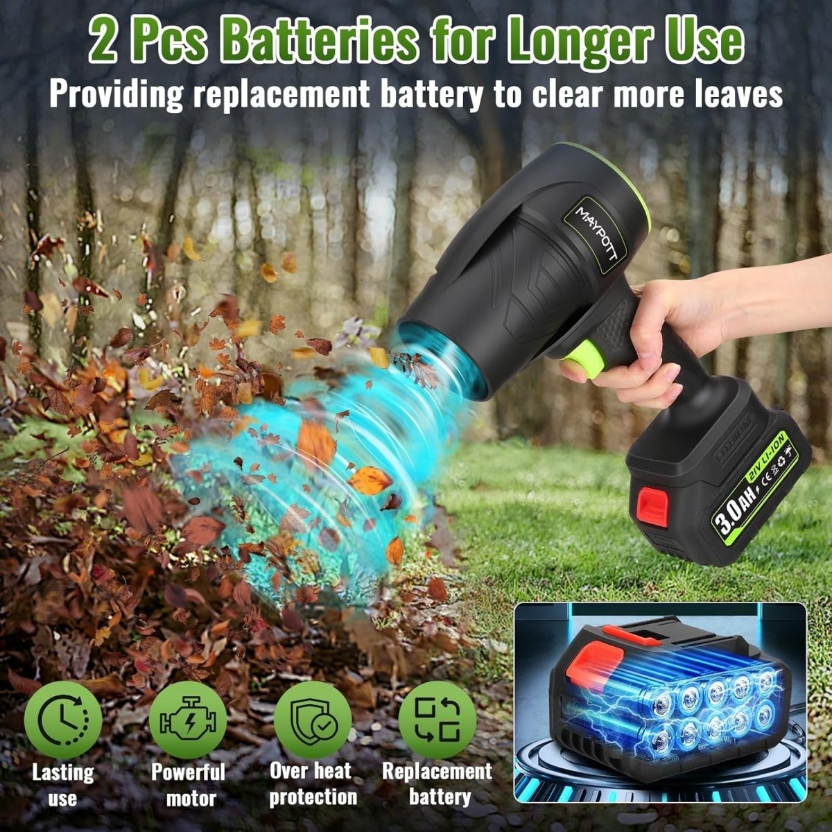 Cordless Leaf Blower 21V Handheld Garden Air Cleaner 2 Batteries - Kwikley