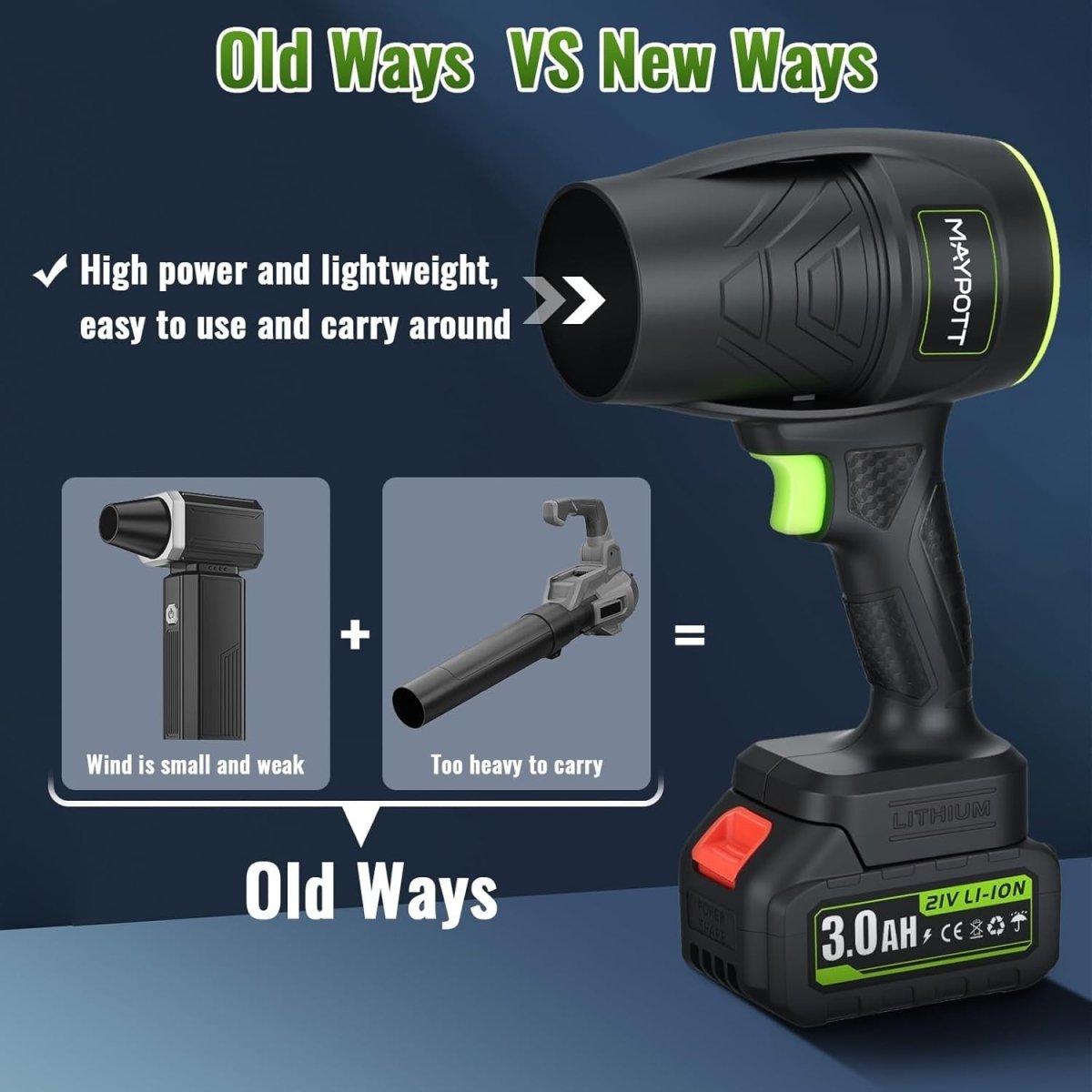 Cordless Leaf Blower 21V Handheld Garden Air Cleaner 2 Batteries - Kwikley