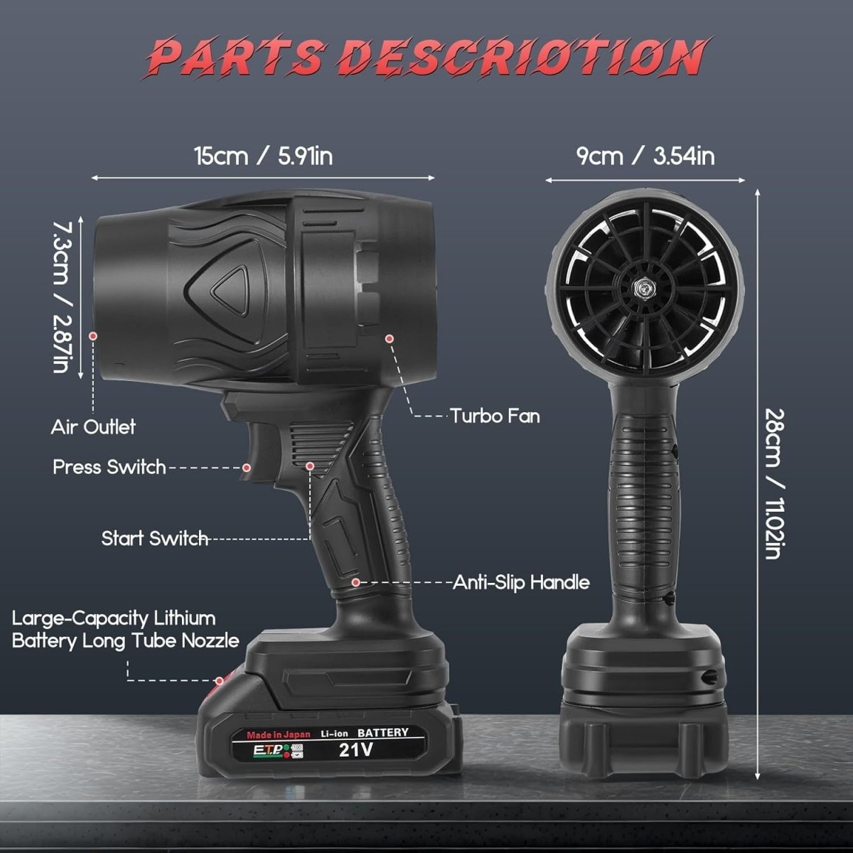 Cordless Leaf Blower 21V Turbo Jet Handheld Lightweight Dust Cleaner - Kwikley