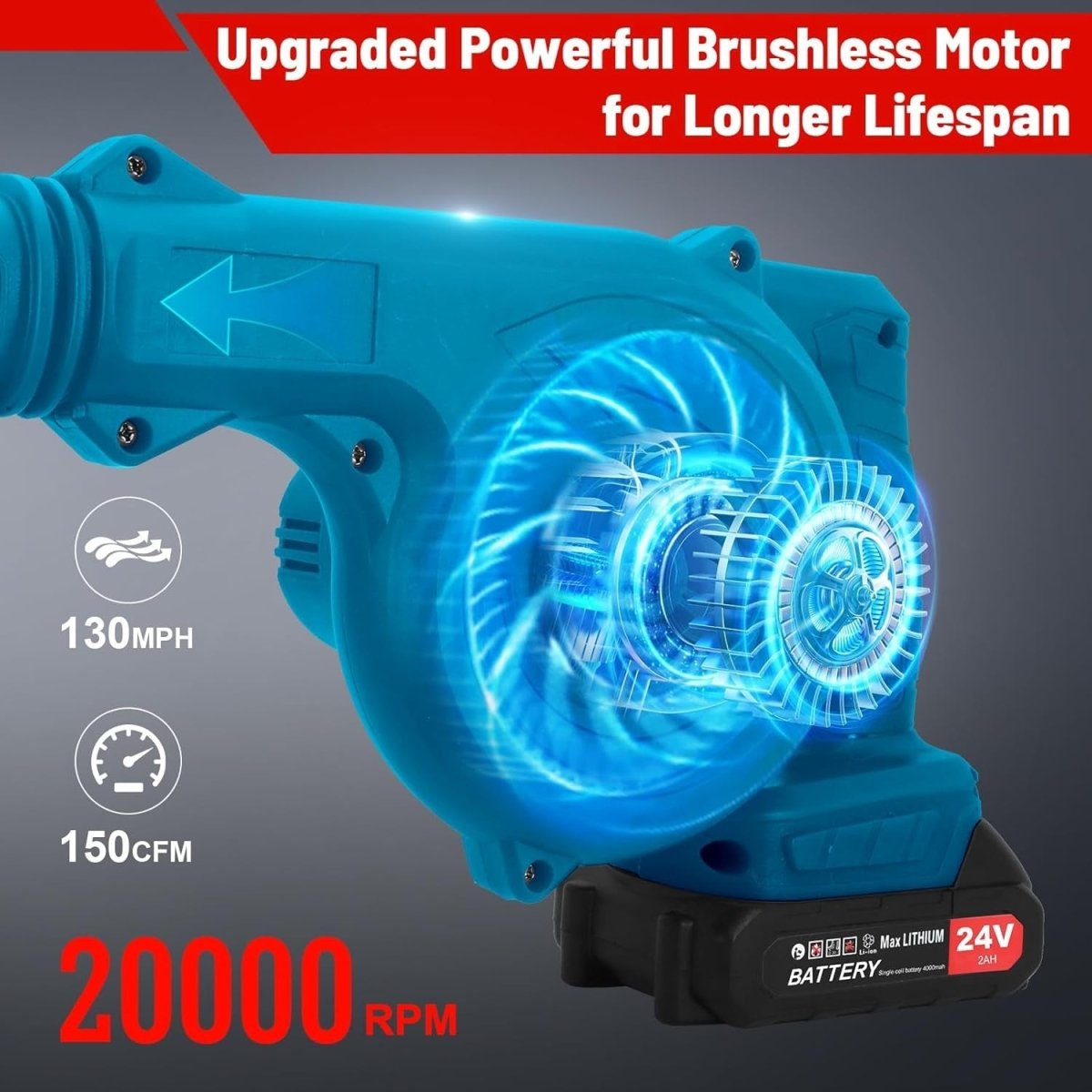 Cordless Leaf Blower 24V Dual Battery Handheld Lightweight Garden Cleaner - Kwikley