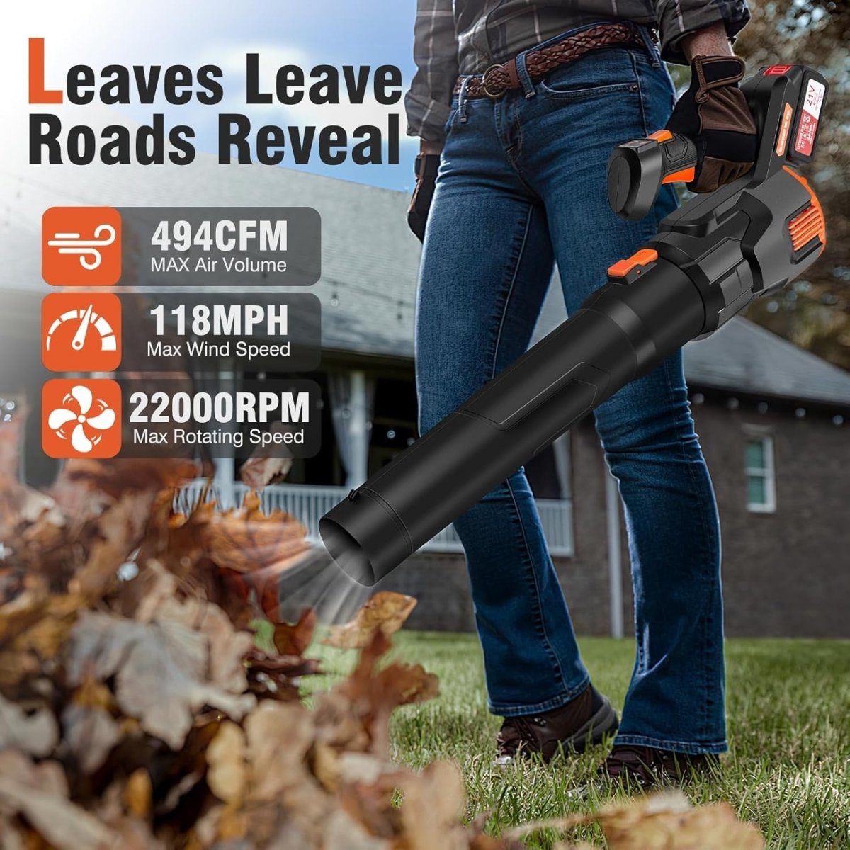 Cordless Leaf Blower 494CFM 21V Dual Battery Lightweight Garden Cleaner - Kwikley