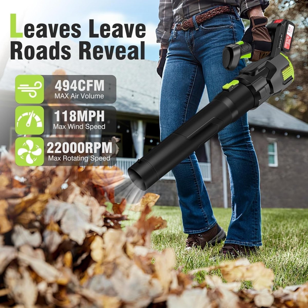Cordless Leaf Blower 494CFM Lightweight 21V 3 - Speed 2 Batteries Turbo - Kwikley