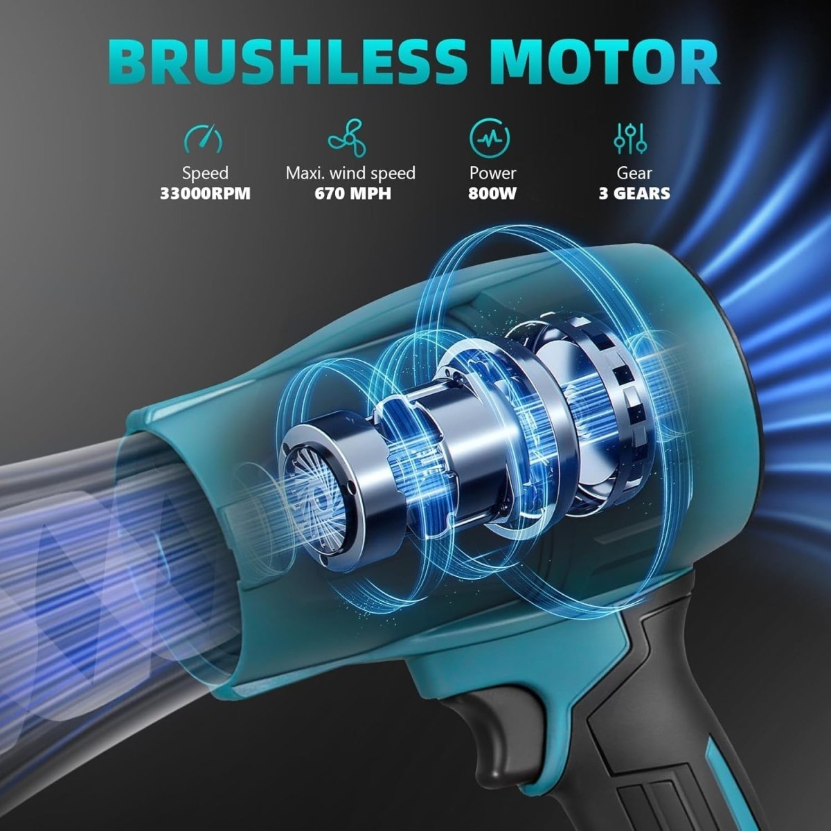 Cordless Leaf Blower Brushless 33000RPM 3 Speed 2 Batteries - Kwikley