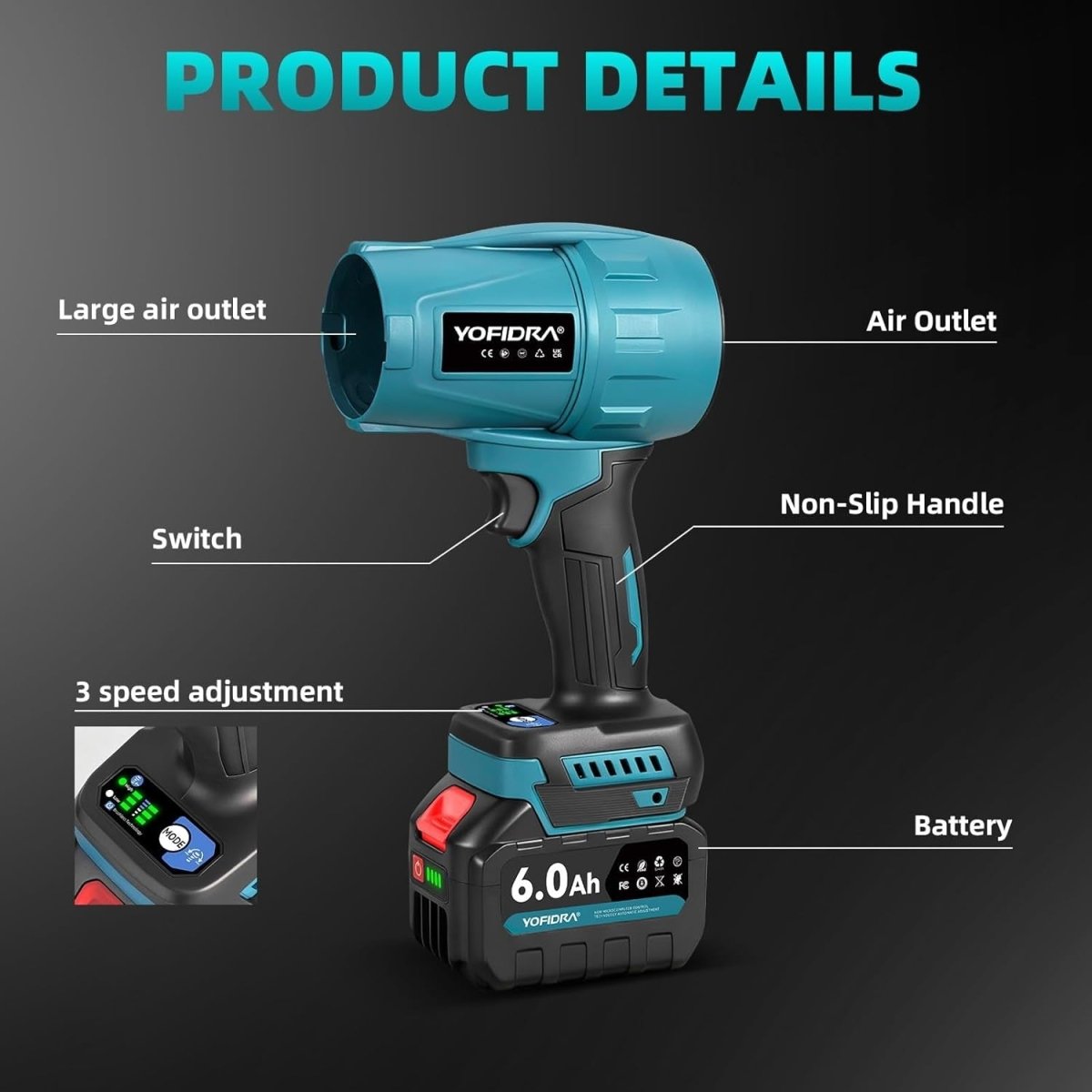 Cordless Leaf Blower Brushless 33000RPM 3 Speed 2 Batteries - Kwikley