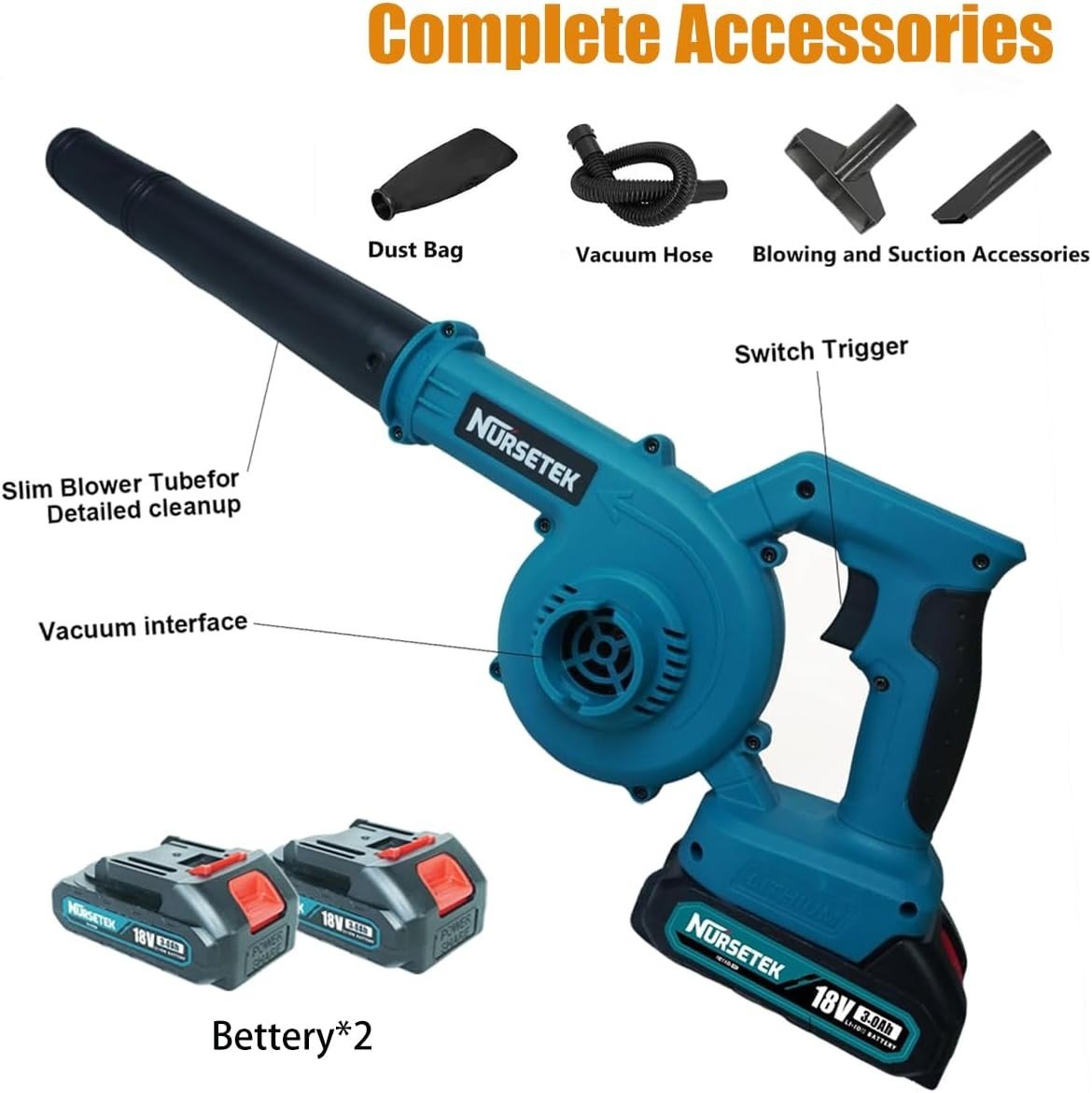 Cordless Leaf Blower Vacuum 2 - in - 1 with 2 Batteries Lightweight Garden Cleaner - Kwikley