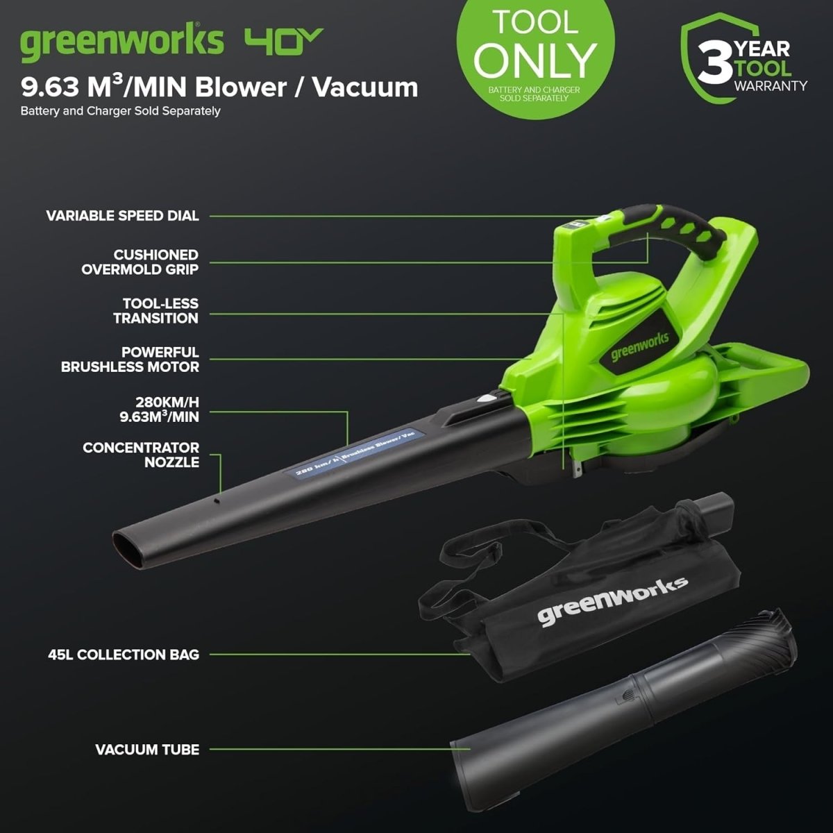 Cordless Leaf Blower Vacuum 40V Brushless 280km/h Mulcher Tool Only - Kwikley