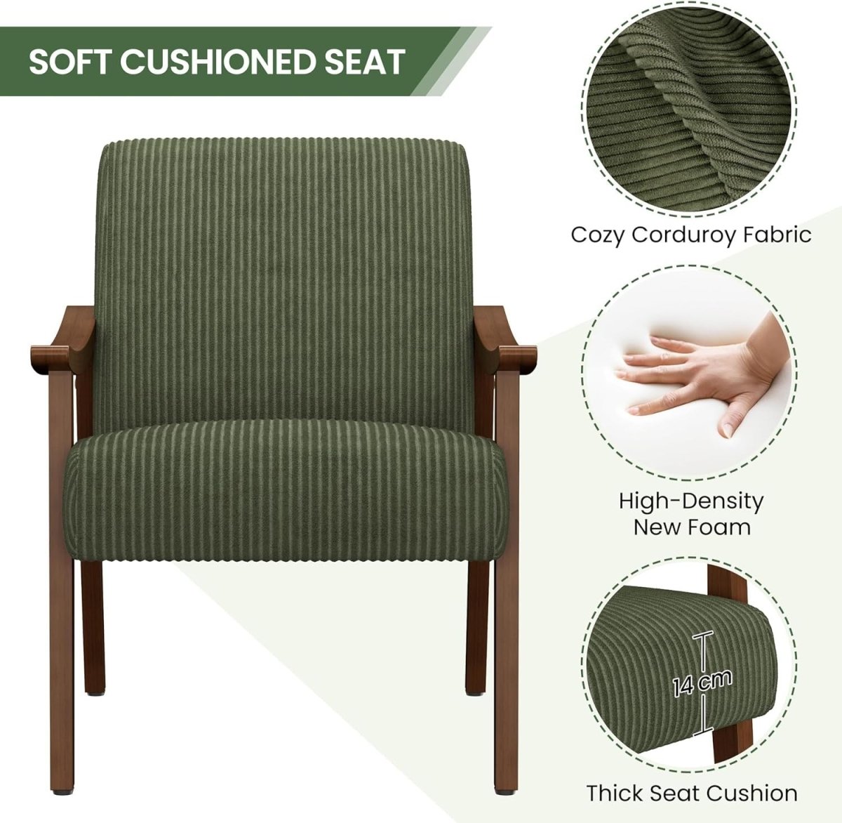 Corduroy Accent Armchair Lounge Chair Wooden Legs Dark Green - Kwikley