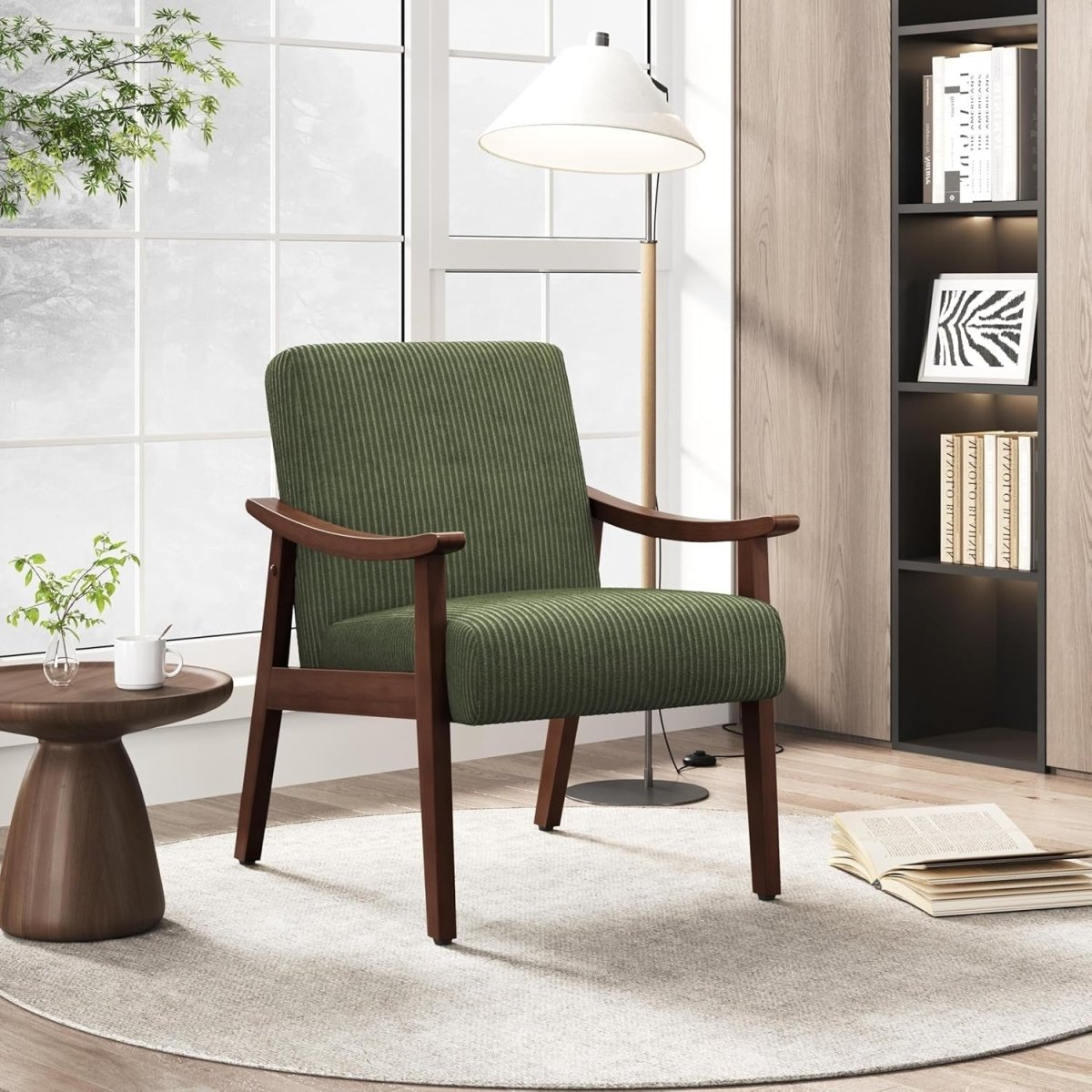 Corduroy Accent Armchair Lounge Chair Wooden Legs Dark Green - Kwikley