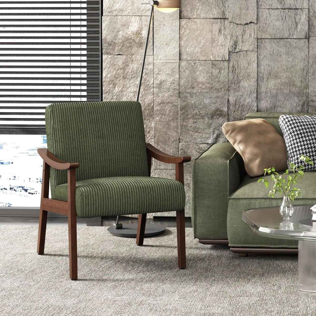 Corduroy Accent Armchair Lounge Chair Wooden Legs Dark Green - Kwikley