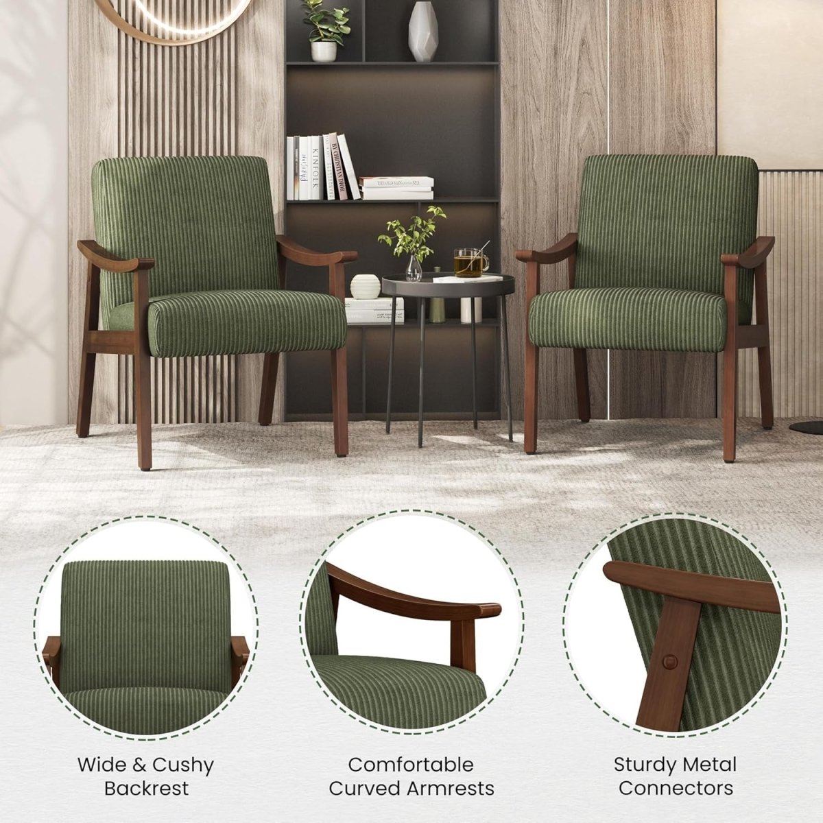Corduroy Accent Armchair Lounge Chair Wooden Legs Dark Green - Kwikley
