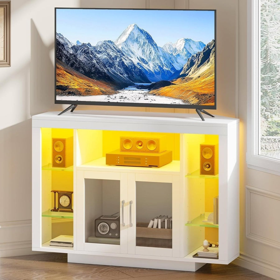 Corner TV Stand Cabinet LED Lights Glass Shelves Fits Up to 55" TV - Kwikley