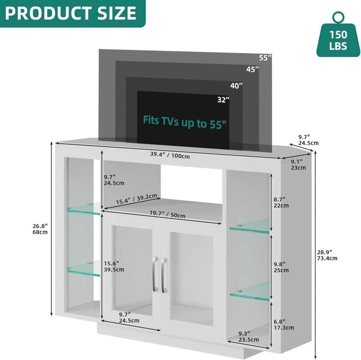 Corner TV Stand Cabinet LED Lights Glass Shelves Fits Up to 55" TV - Kwikley