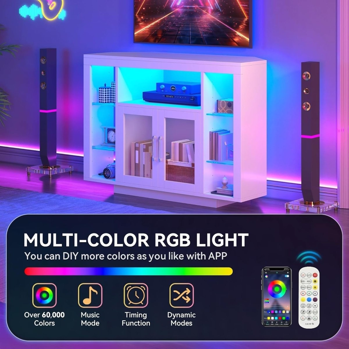 Corner TV Stand Cabinet LED Lights Glass Shelves Fits Up to 55" TV - Kwikley