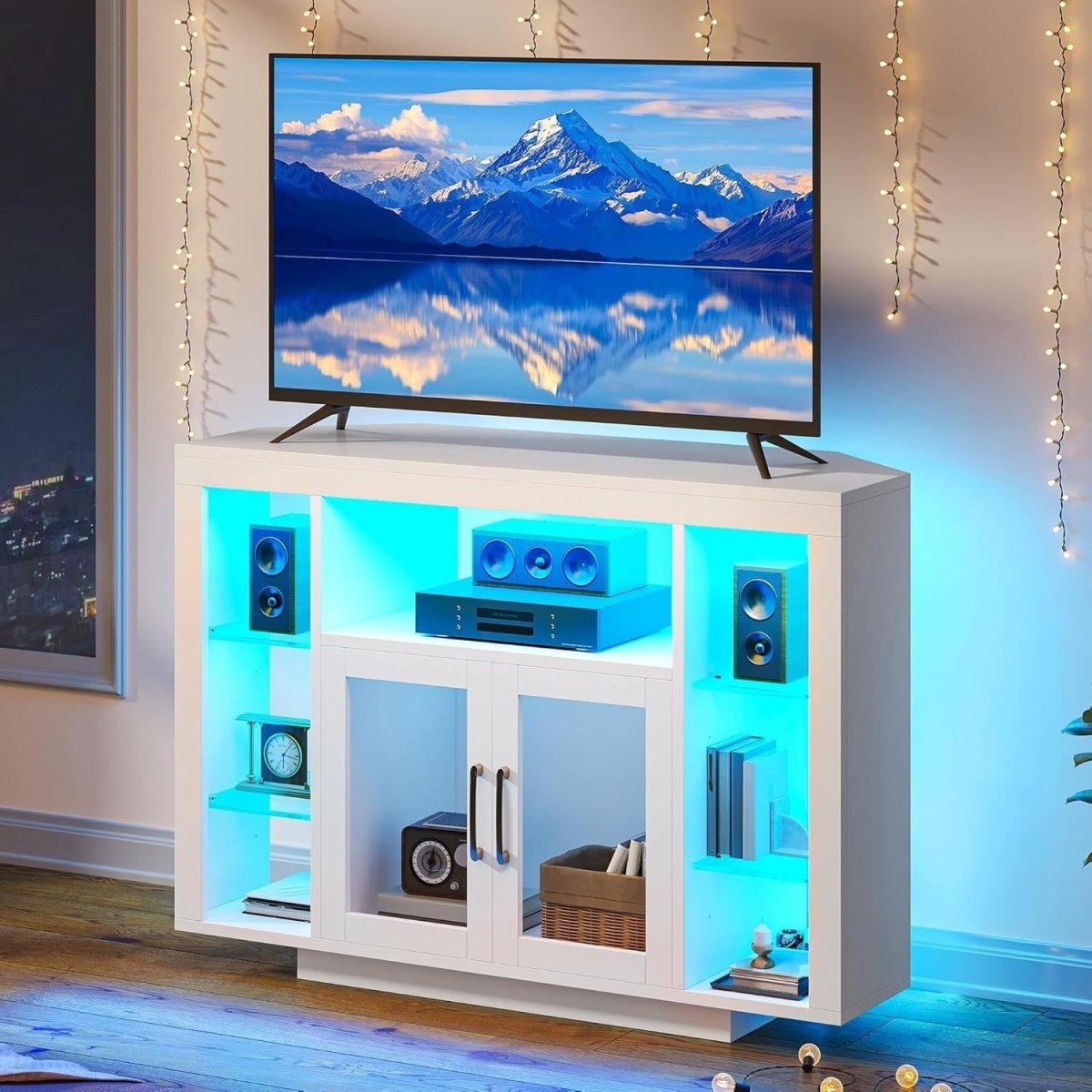 Corner TV Stand Cabinet LED Lights Glass Shelves Fits Up to 55" TV - Kwikley