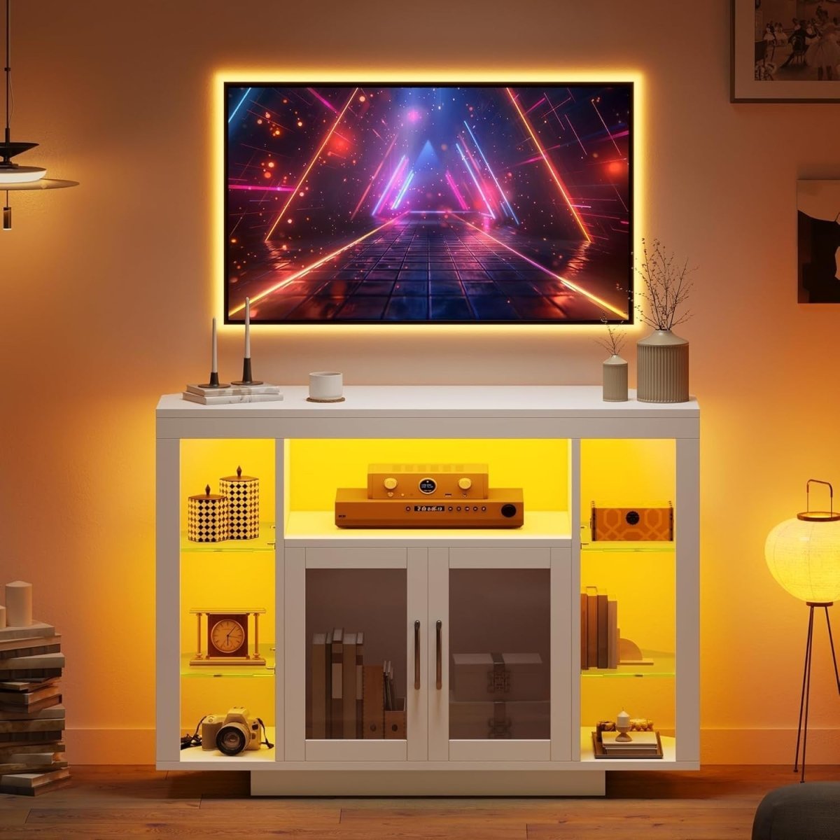 Corner TV Stand Cabinet LED Lights Glass Shelves Fits Up to 55" TV - Kwikley