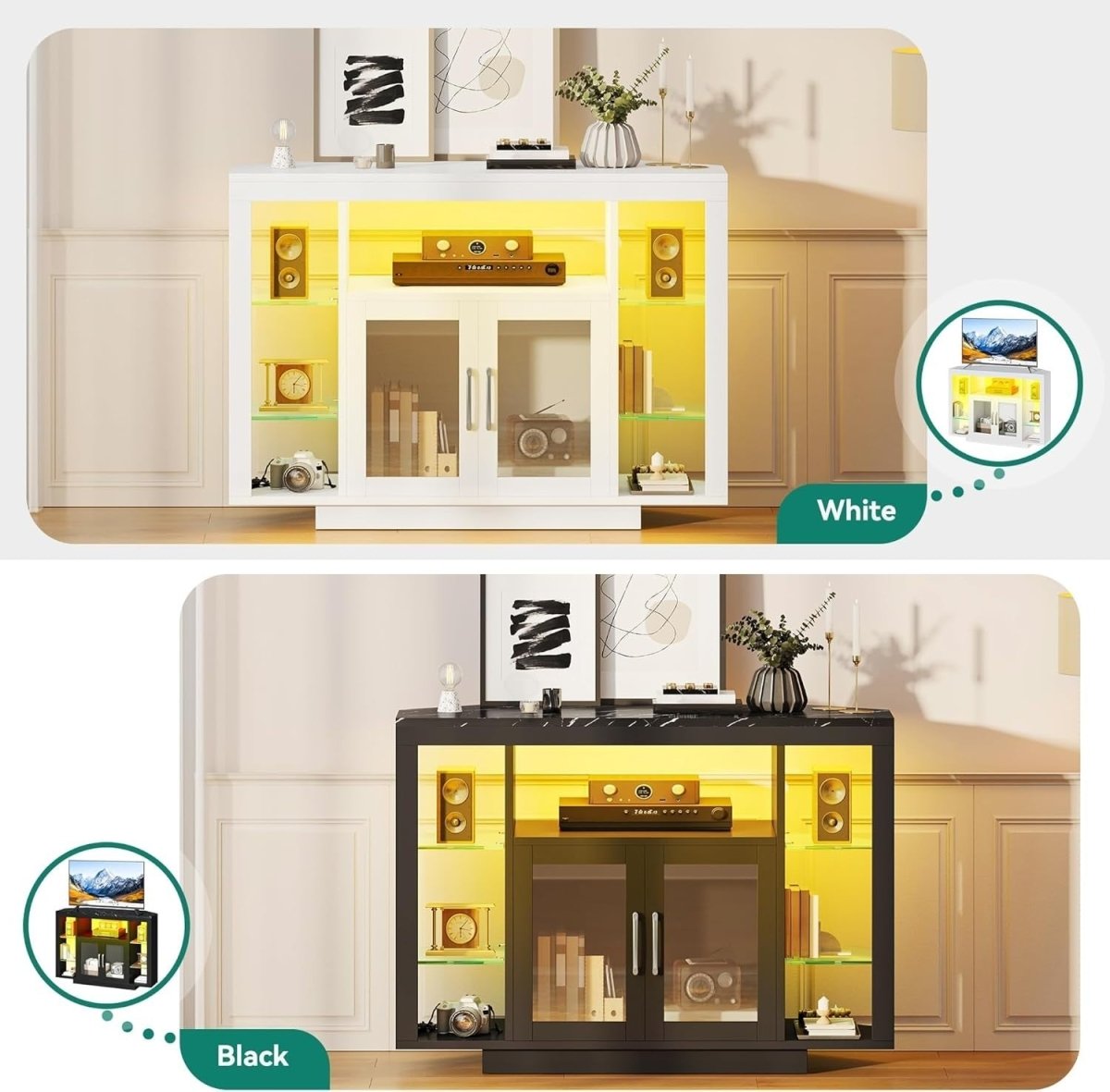 Corner TV Stand Cabinet LED Lights Glass Shelves Fits Up to 55" TV - Kwikley