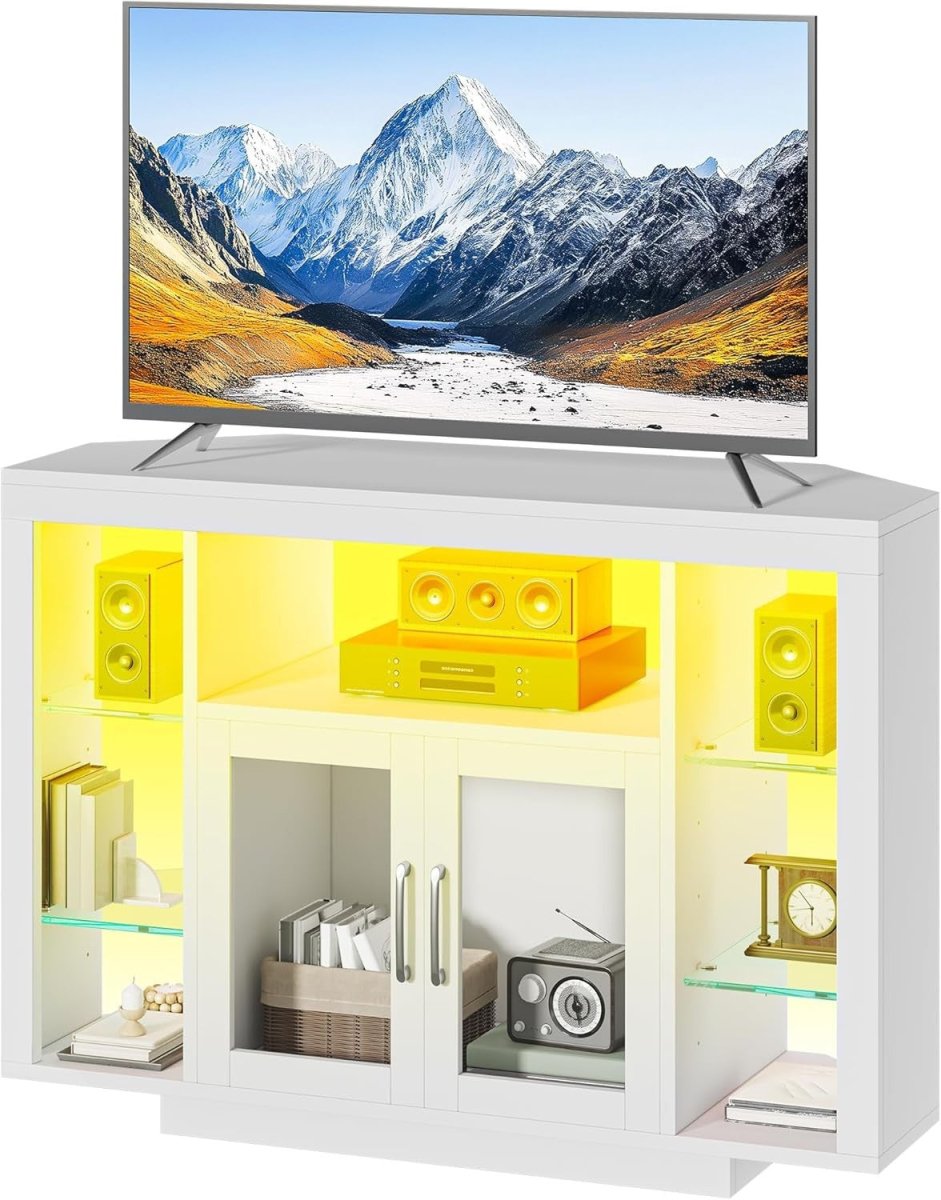 Corner TV Stand Cabinet LED Lights Glass Shelves Fits Up to 55" TV - Kwikley